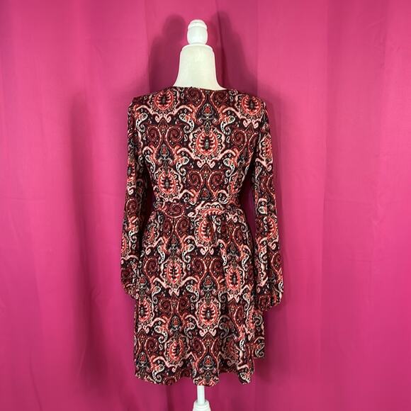 Maeve Anthro metallic patterned wrap bust belted fit and flare dress, L P - Picture 3 of 10